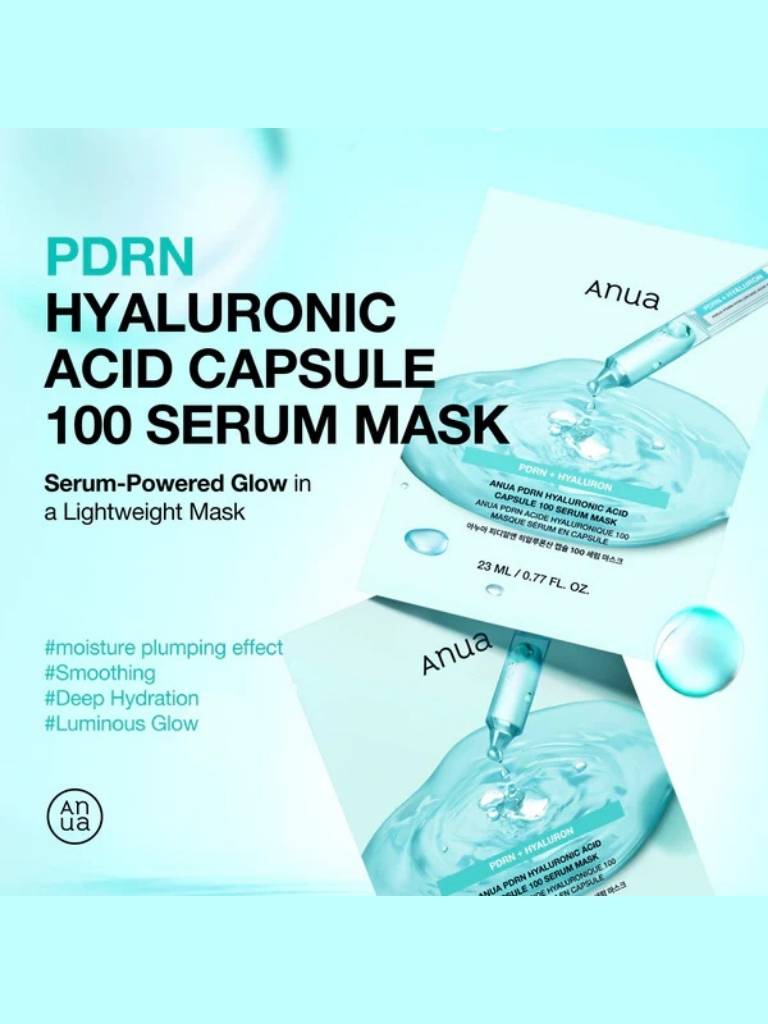 PDRN Hyaluronic Acid Capsule 100 Serum Mask packaging with blue serum and text on a light blue background