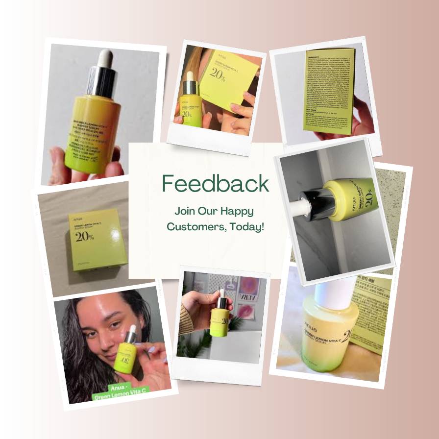 Collage of cream containers with text inviting feedback from happy customers.