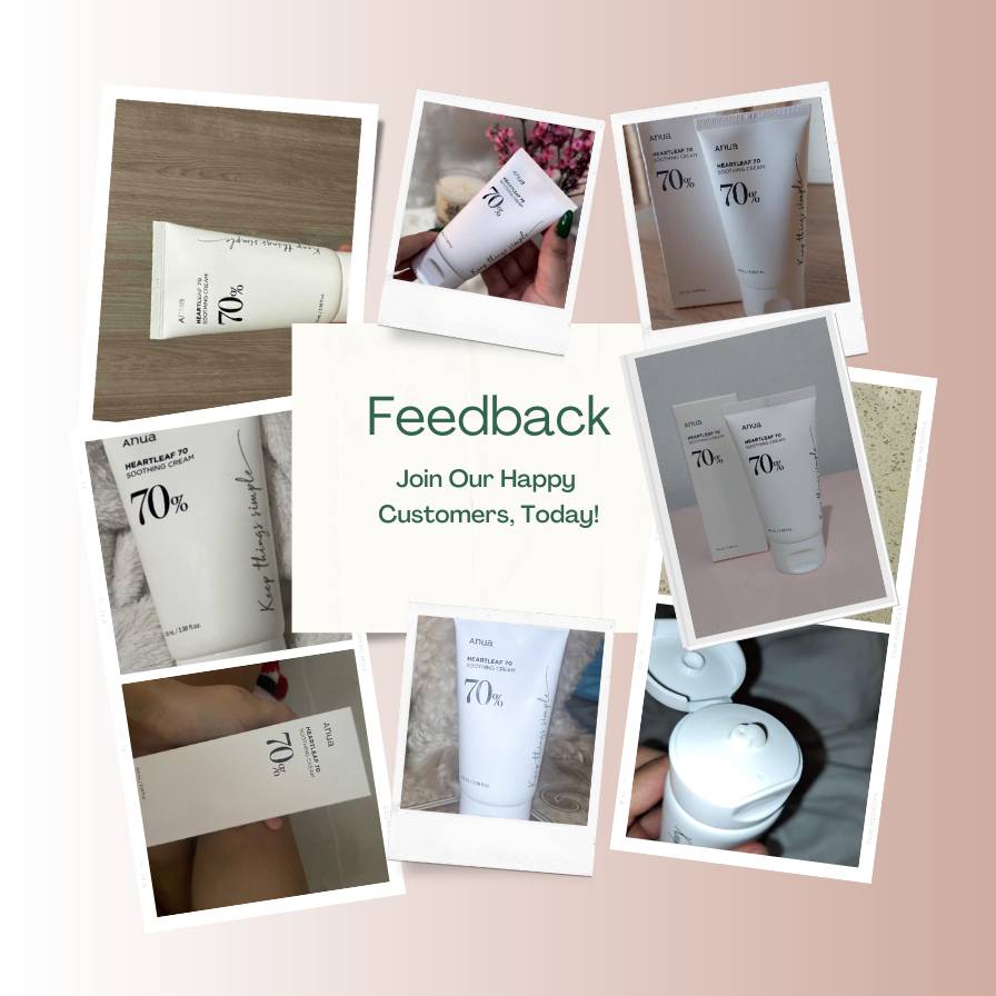 Collage of cream containers with text inviting feedback from happy customers.