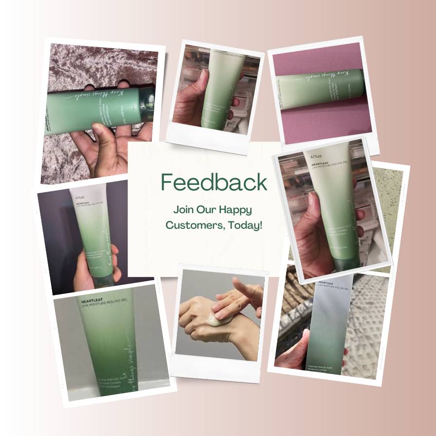 Collage of people using a green skincare product with text inviting feedback.
