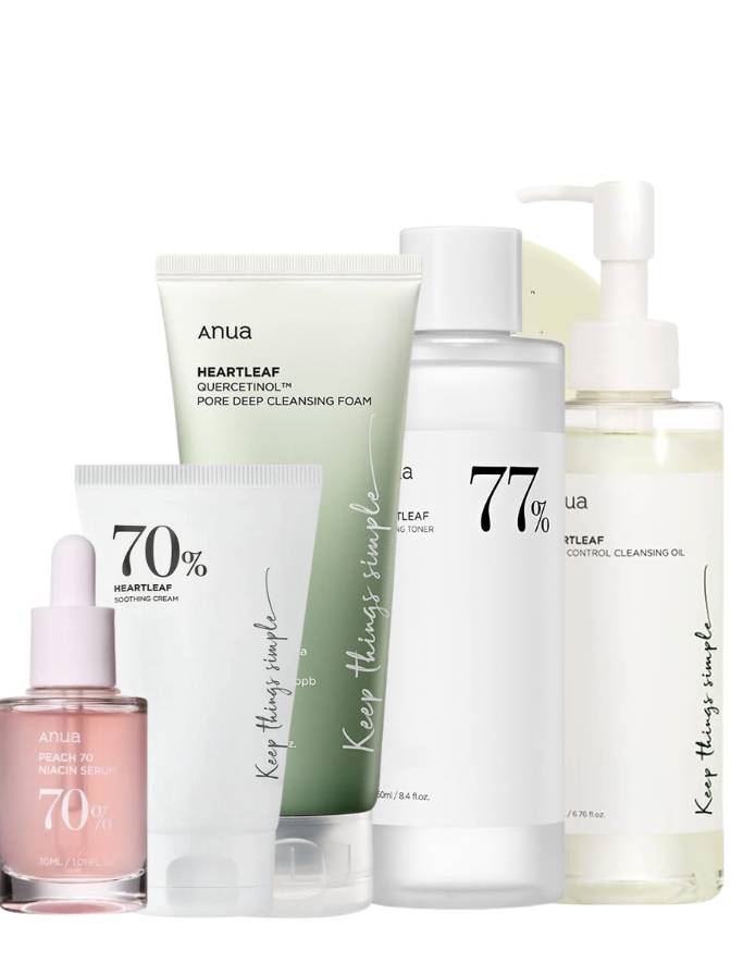 Set of skincare products from Anua Pore Control & Heartleaf Soothing Skincare Set on a white background