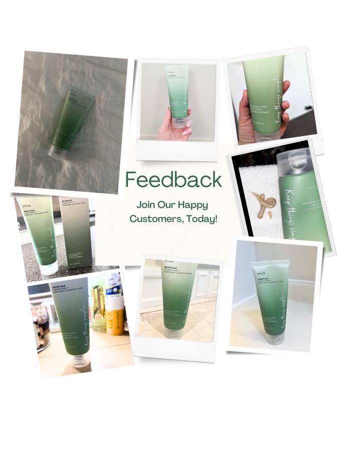 Collage of green skincare product images with 'Feedback' text and customer testimonials.