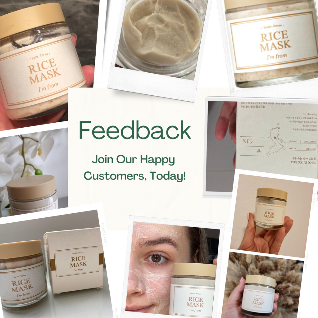 Collage of rice mask products with text inviting feedback from happy customers.