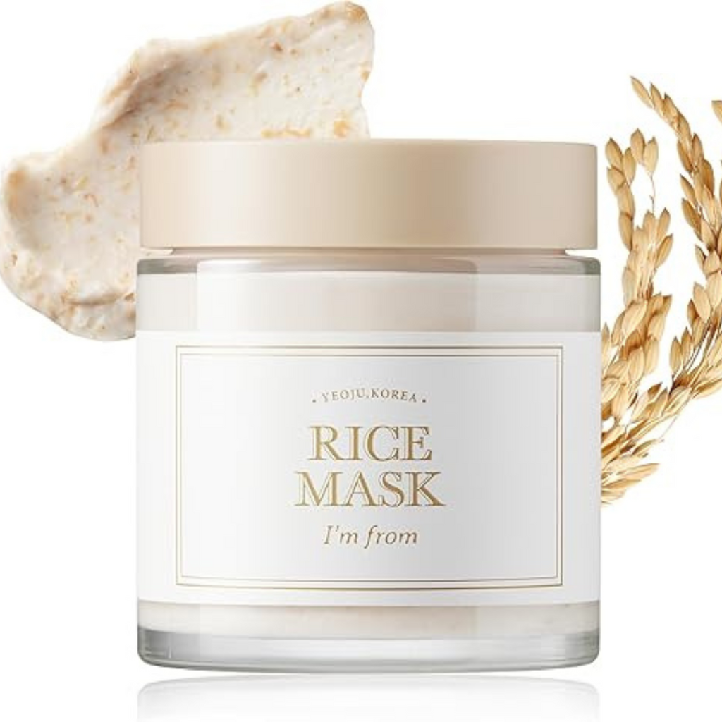 Jar of rice mask with natural elements on a white background