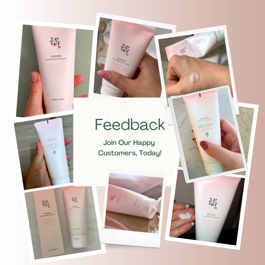 Collage of a skincare product with text inviting feedback.