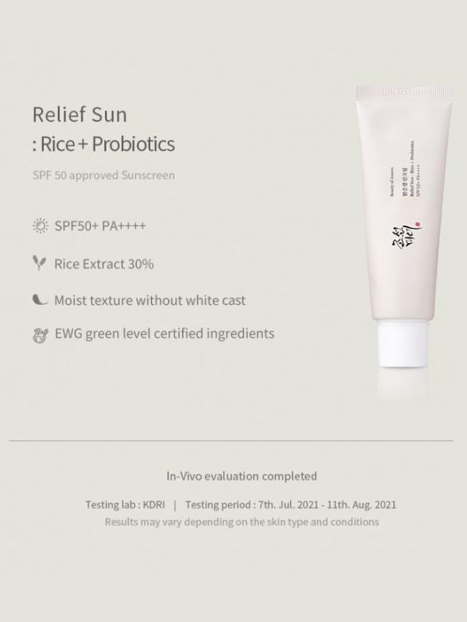 Sunscreen tube labeled 'Relief Sun' with text about its features on a light gray background