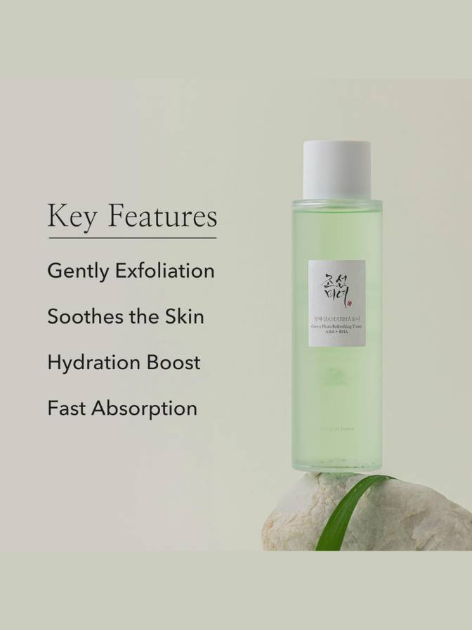 Skincare bottle with key features listed on a light background