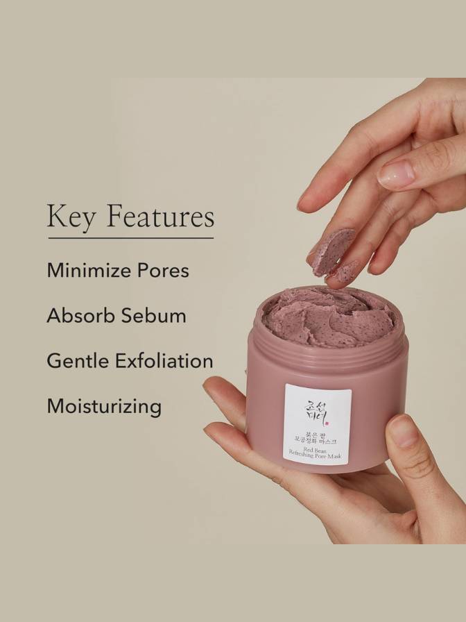 Pink jar of skincare product held by a hand with text listing key features on a beige background