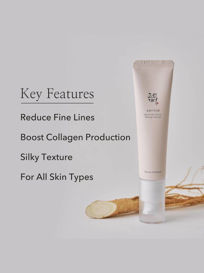 Skincare tube with key features listed on a light gray background