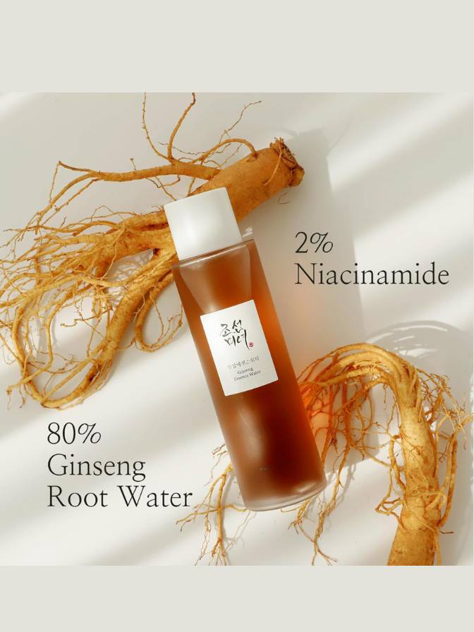 Bottle of 80% Ginseng Root Water with ginseng root on a light background
