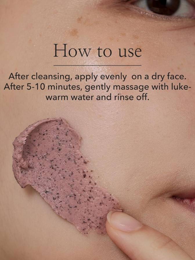 Close-up of a face with a skincare product application and usage instructions.