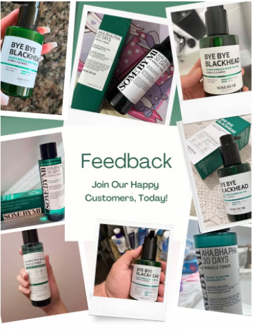 Collage of 'Bye Bye Blackhead' skincare product bottles with promotional text for feedback.