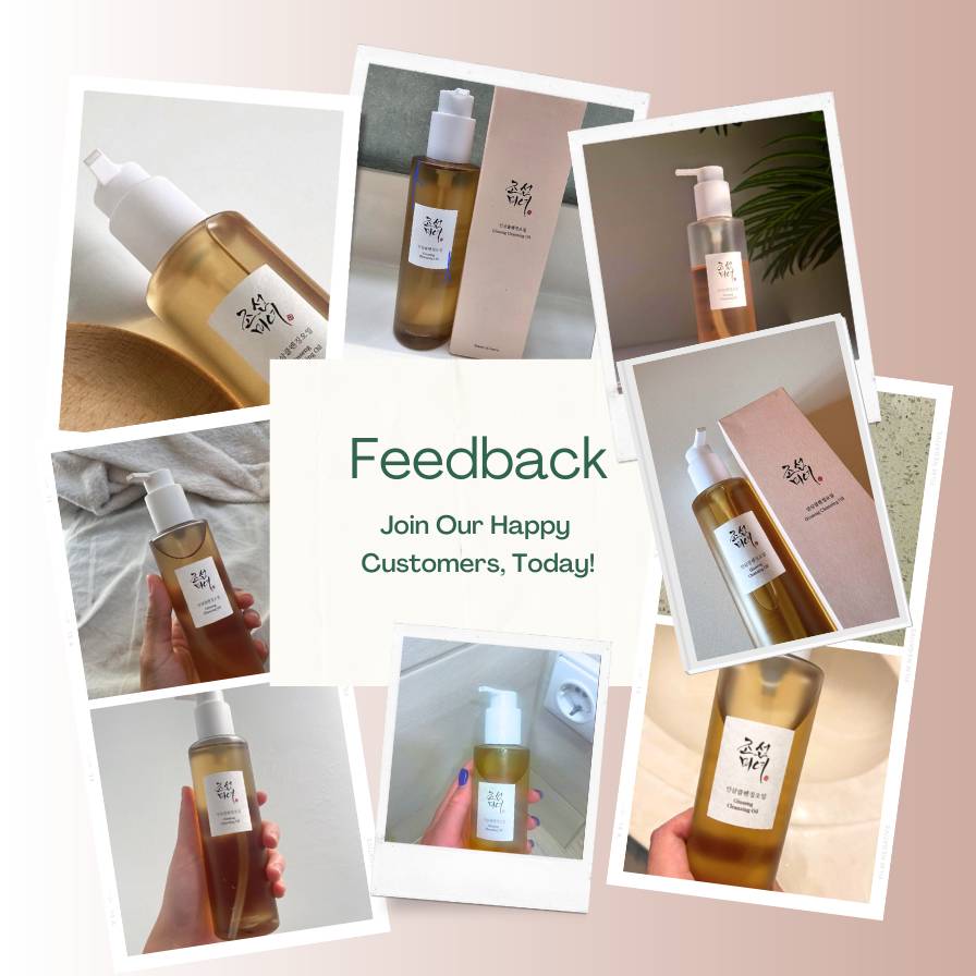 Collage of skincare product bottles with a call to action for feedback.