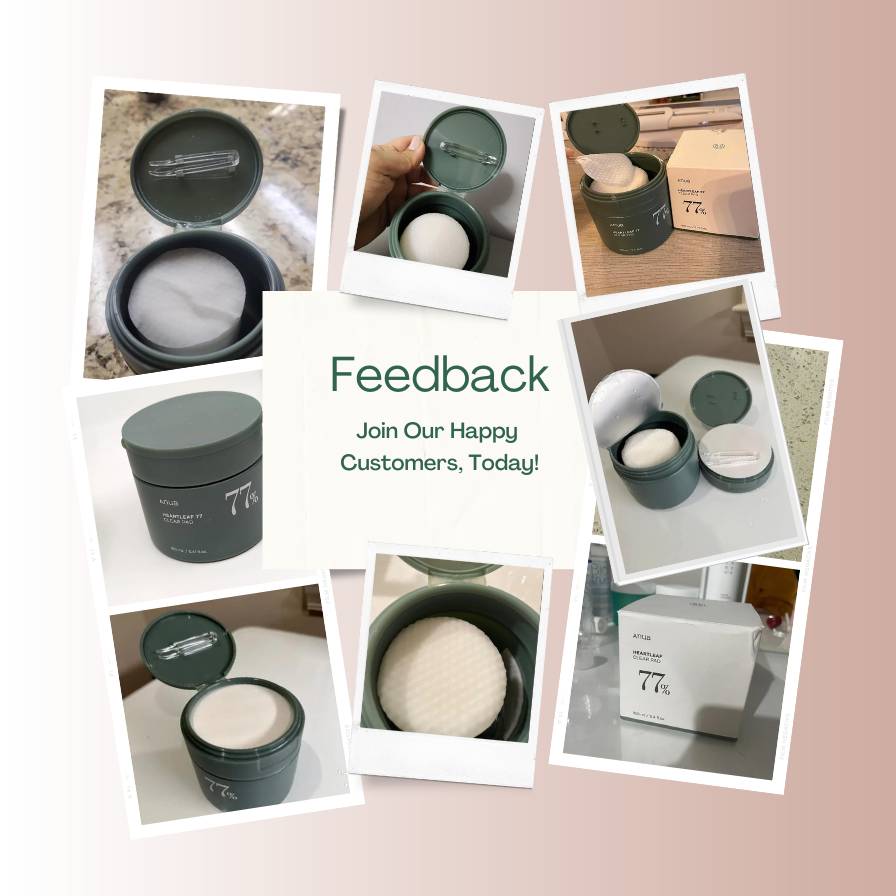 Collage of product images with a call to action for feedback.
