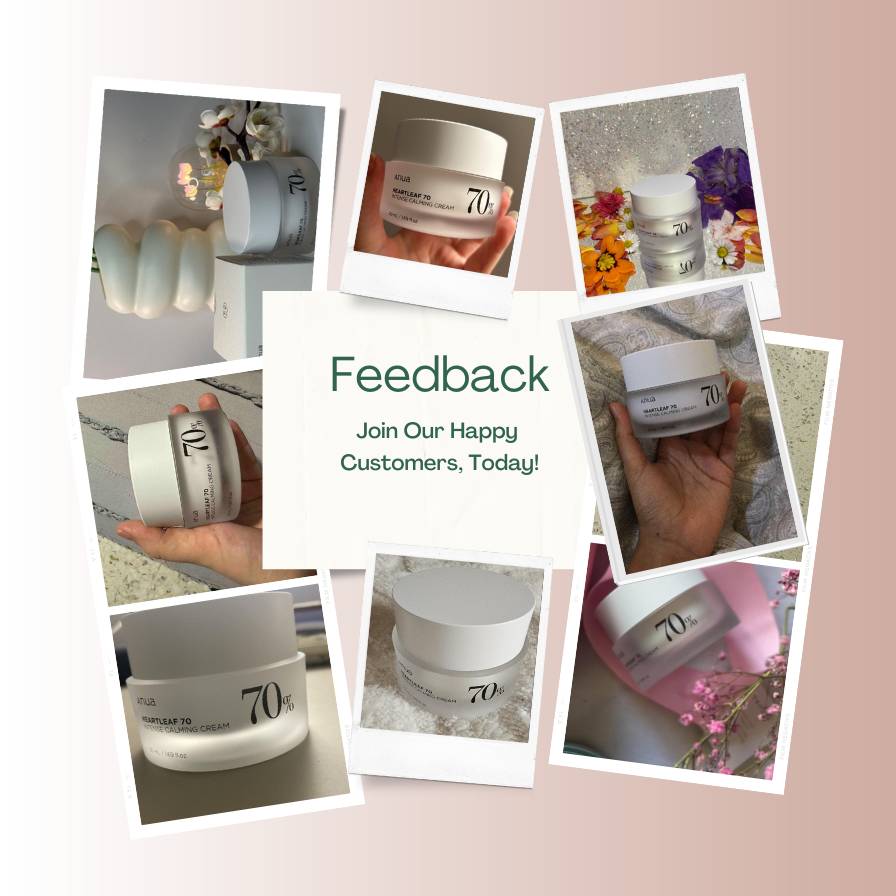 Collage of product images with a call to action for feedback on a light pink background.