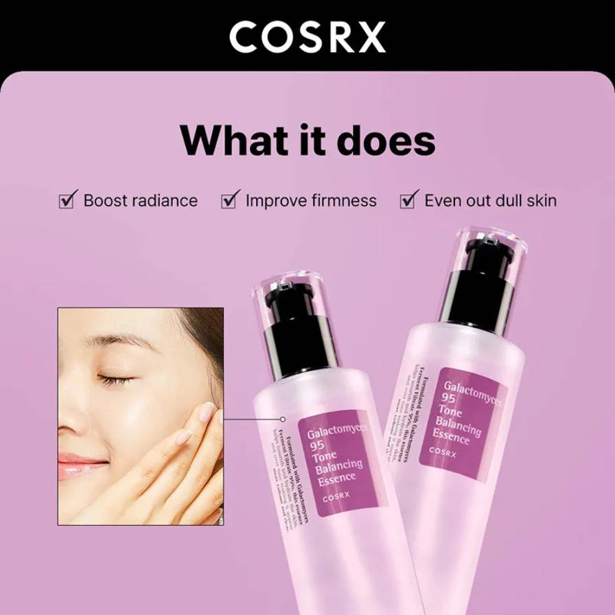 COSRX skincare products with benefits on a purple background
