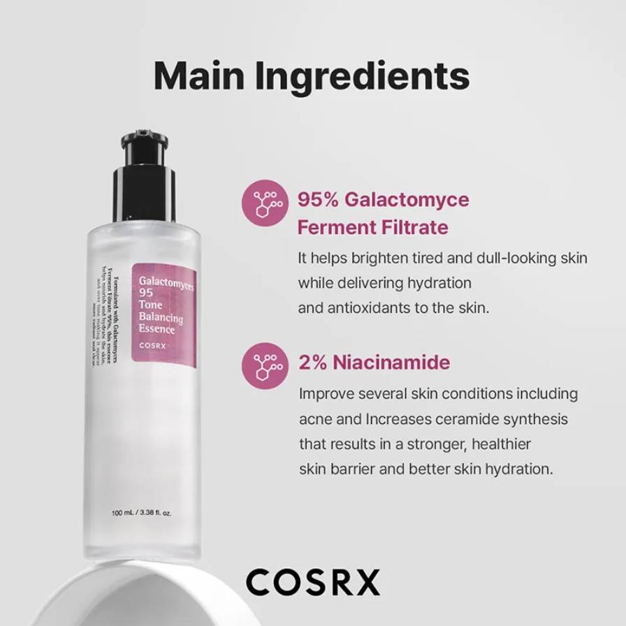 Cosrx skincare product with main ingredients listed on a gray background