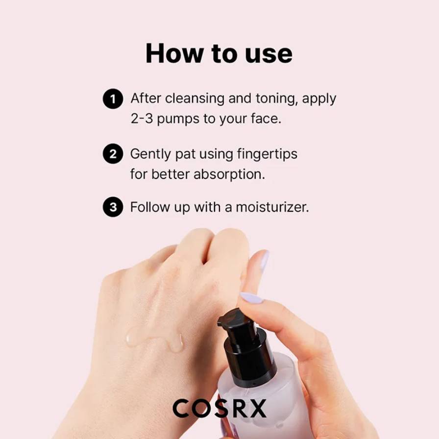 COSRX skincare product with application instructions on a pink background