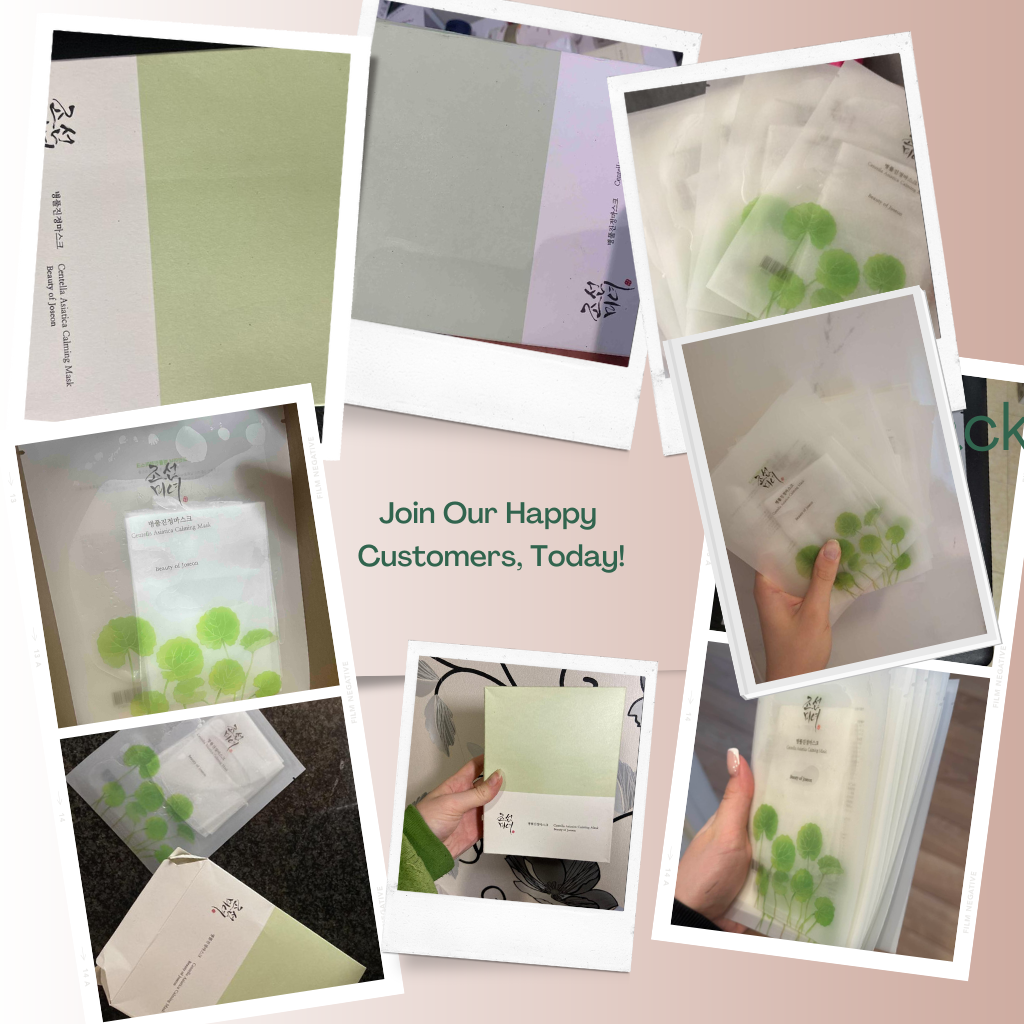 Collage of green and white product packaging with promotional text on a pink background