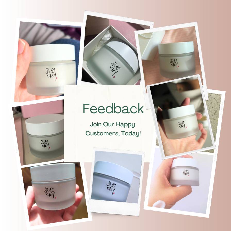 Collage of cream jars with text inviting feedback on a pink background