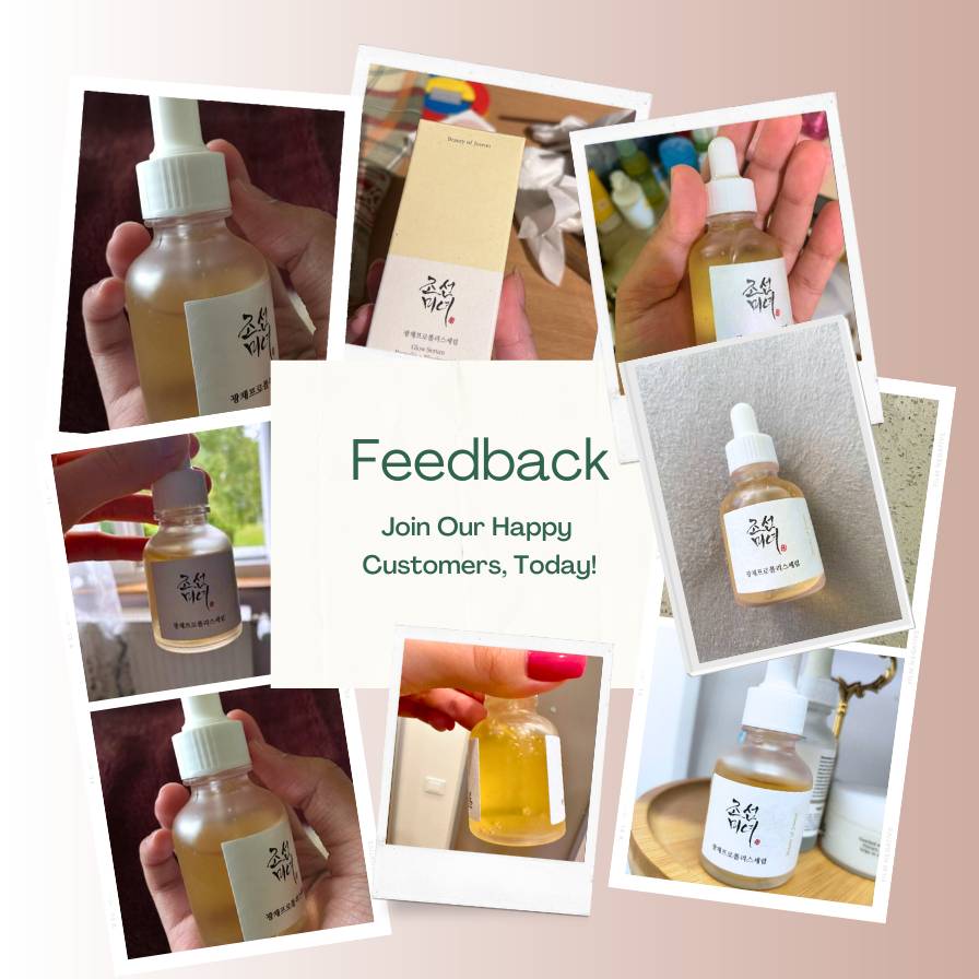 Collage of people holding small bottles with a 'Feedback' call to action overlay.