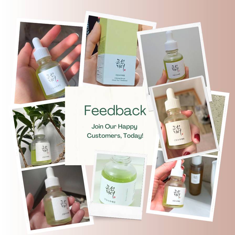 Collage of skincare product bottles with a call to action for feedback.
