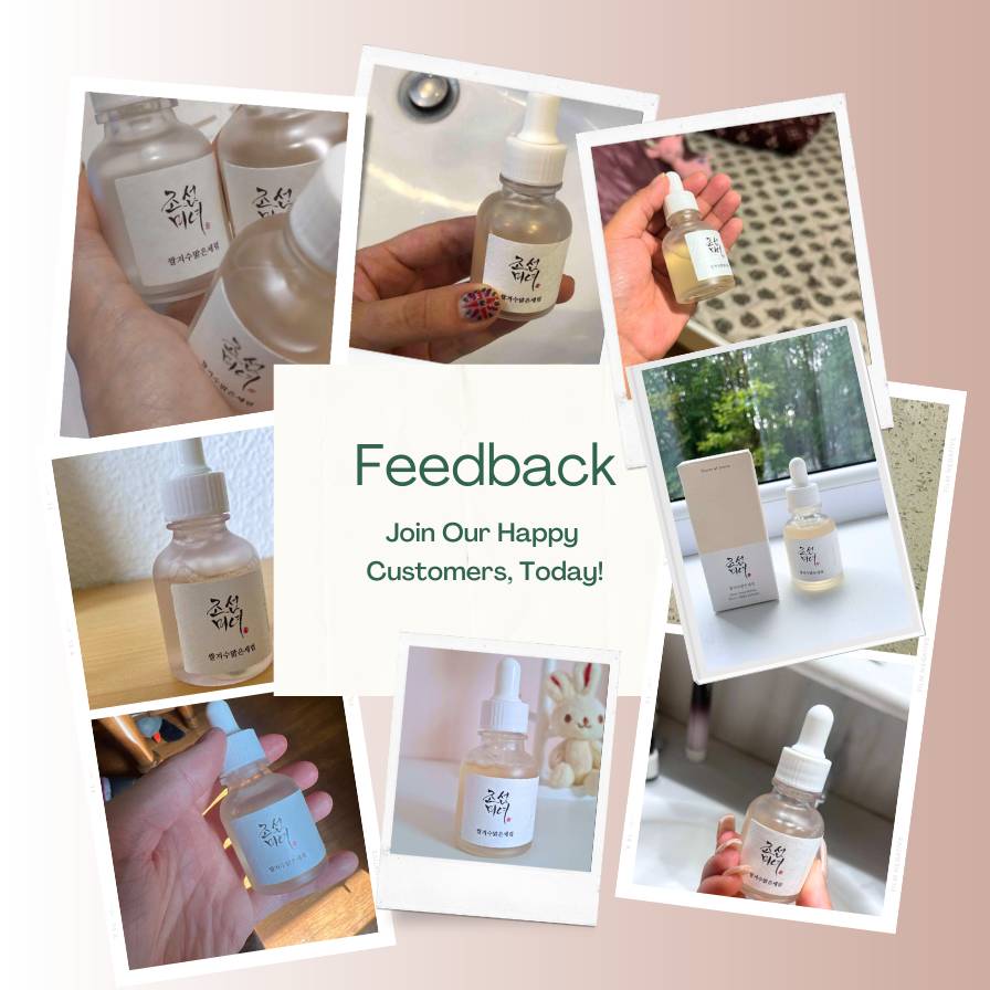 Collage of product images with text inviting feedback from happy customers.