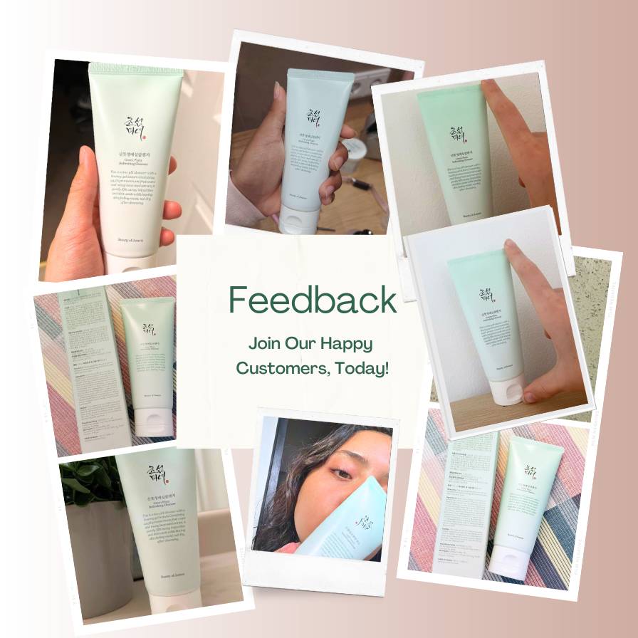 Collage of people holding skincare products with promotional text for feedback.