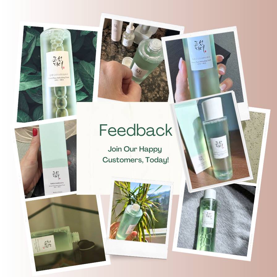 Collage of green skincare bottles with text inviting feedback.