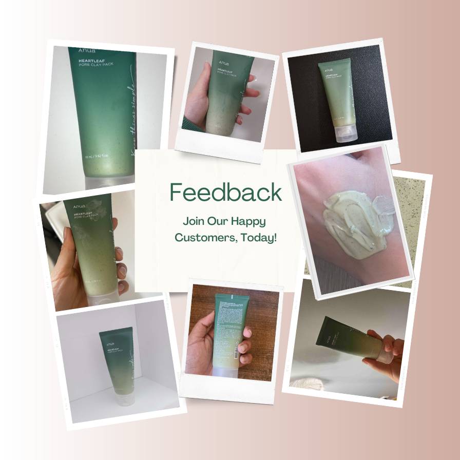 Collage of green skincare product with 'Feedback' text and customer testimonials.