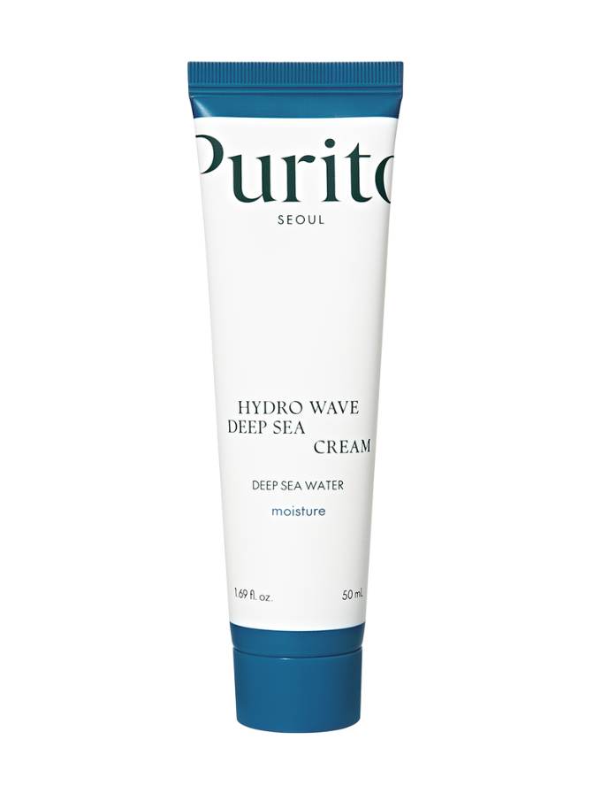 Tube of Purito Hydro Wave Deep Sea Cream on a white background