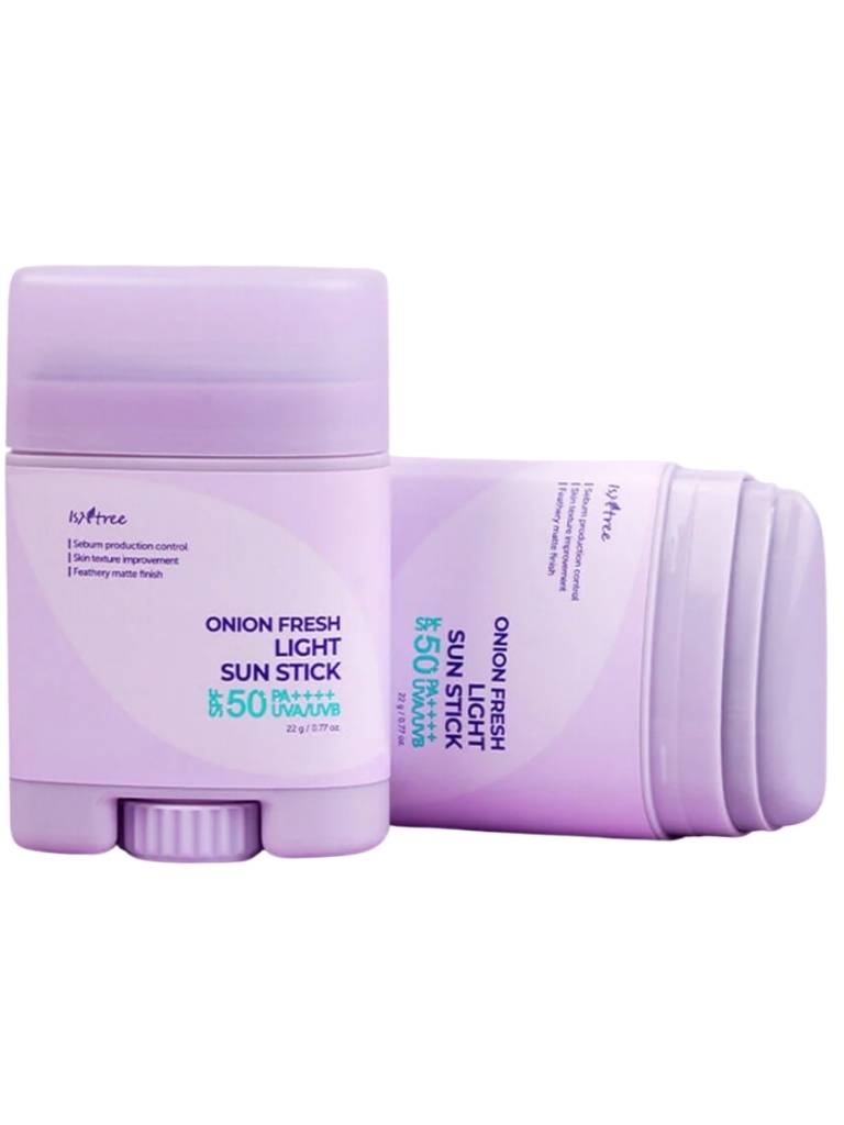 Two purple sun stick products on a white background