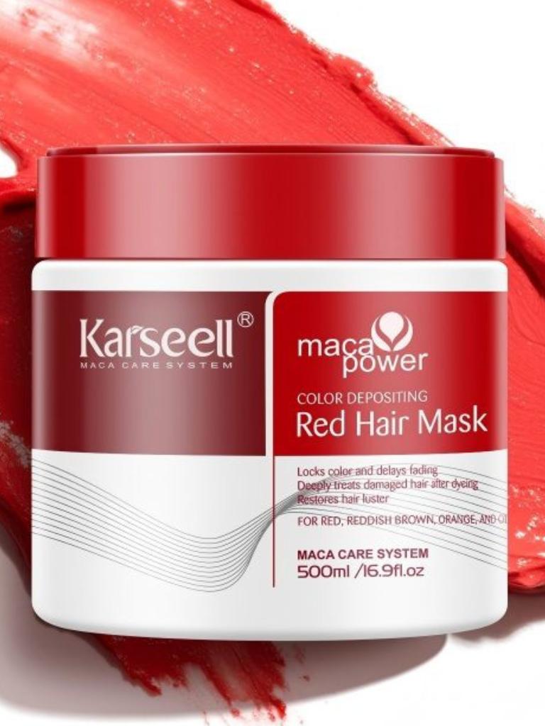 Karseell Maca Power Red Hair Mask jar with red background