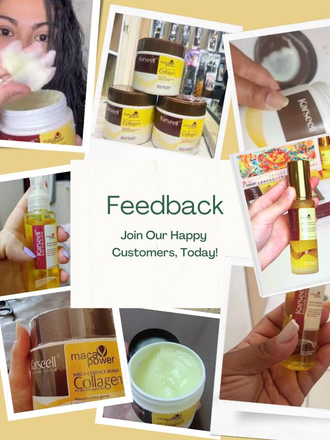 Collage of people using and holding various cosmetic products with text inviting feedback.