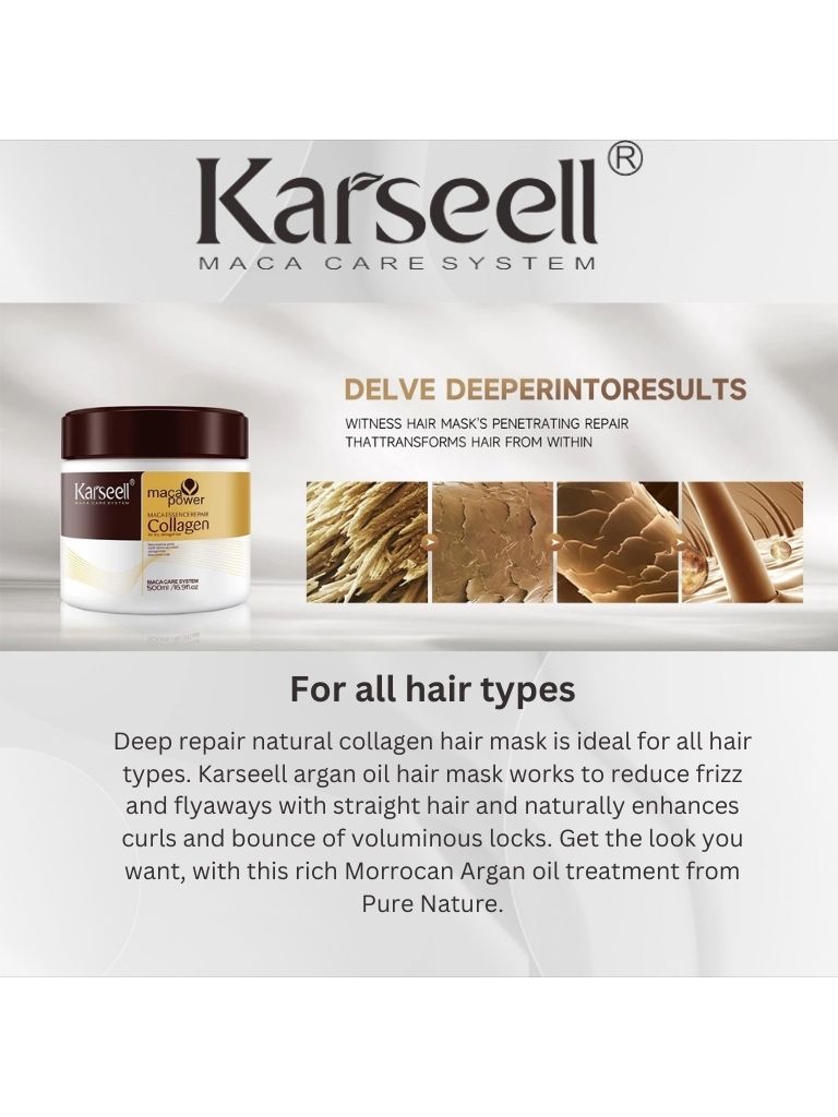 Karseell Collagen Hair Treatment - Deep Repair Mask 500ml - Argan Oil Hair Serum for Dry Damaged Hair 50ml - All Hair Types