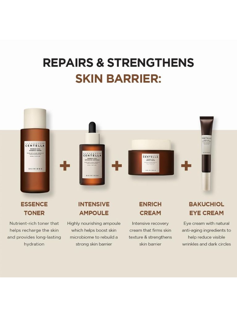Madagascar Centella Probio-Cica Complete Care Set: Intensive Ampoule, Essence Toner, Enrich Cream, and Bakuchiol Eye Cream 355ml