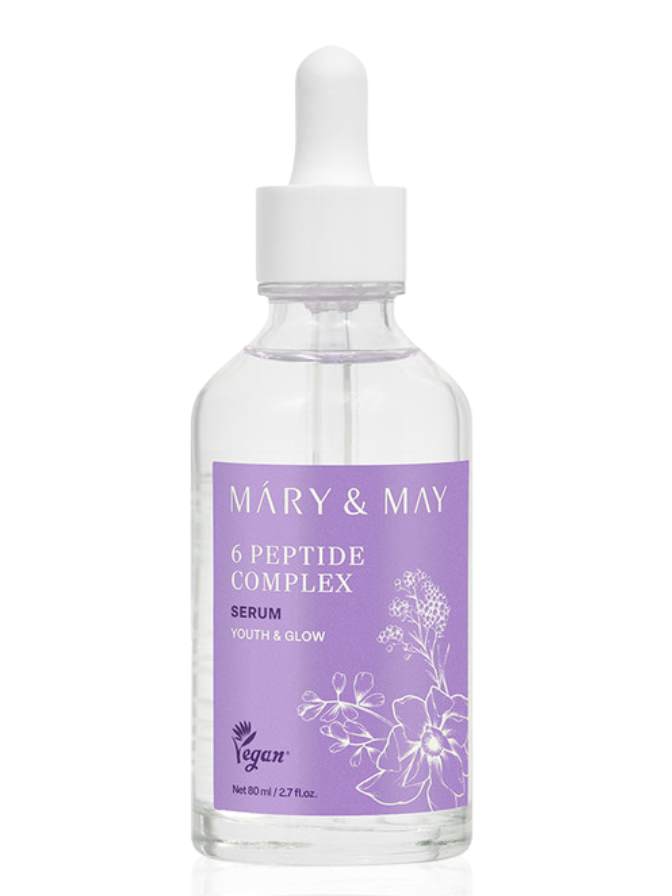 Mary & May 6 Peptide Complex serum bottle on a white background