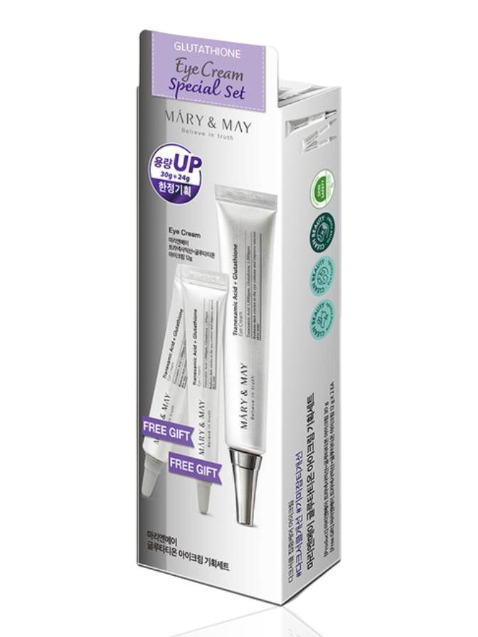 Mary & May eye cream set with packaging on a white background
