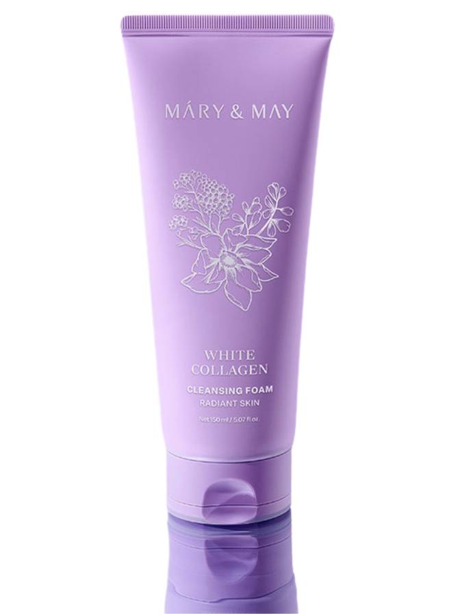 Purple tube of Mary & May White Collagen Cleansing Foam on a white background
