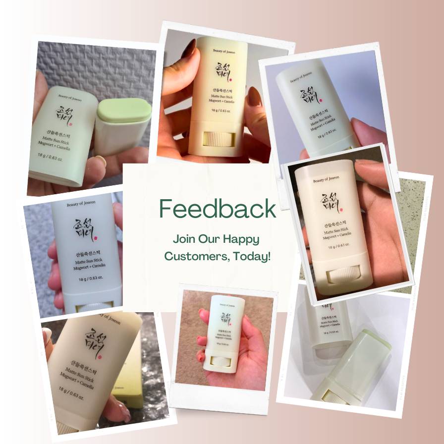 Collage of skincare products with text inviting feedback from customers.