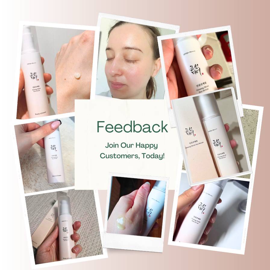 Collage of skincare products with a call to action for feedback.