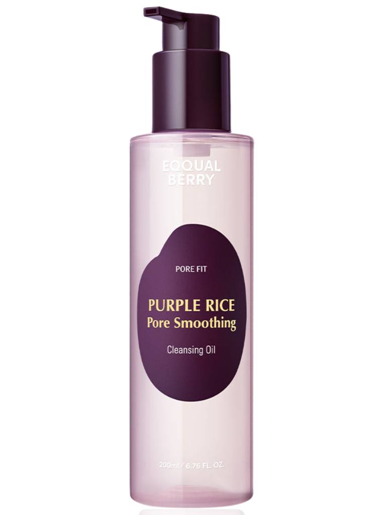 Purple rice pore smoothing cleansing oil bottle with pump on a white background