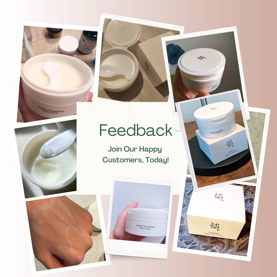 Collage of cream containers with text inviting feedback from happy customers.
