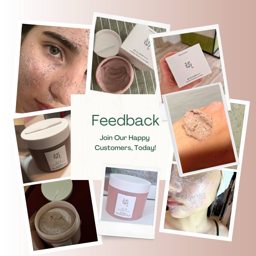 Collage of skincare product use with text inviting feedback.