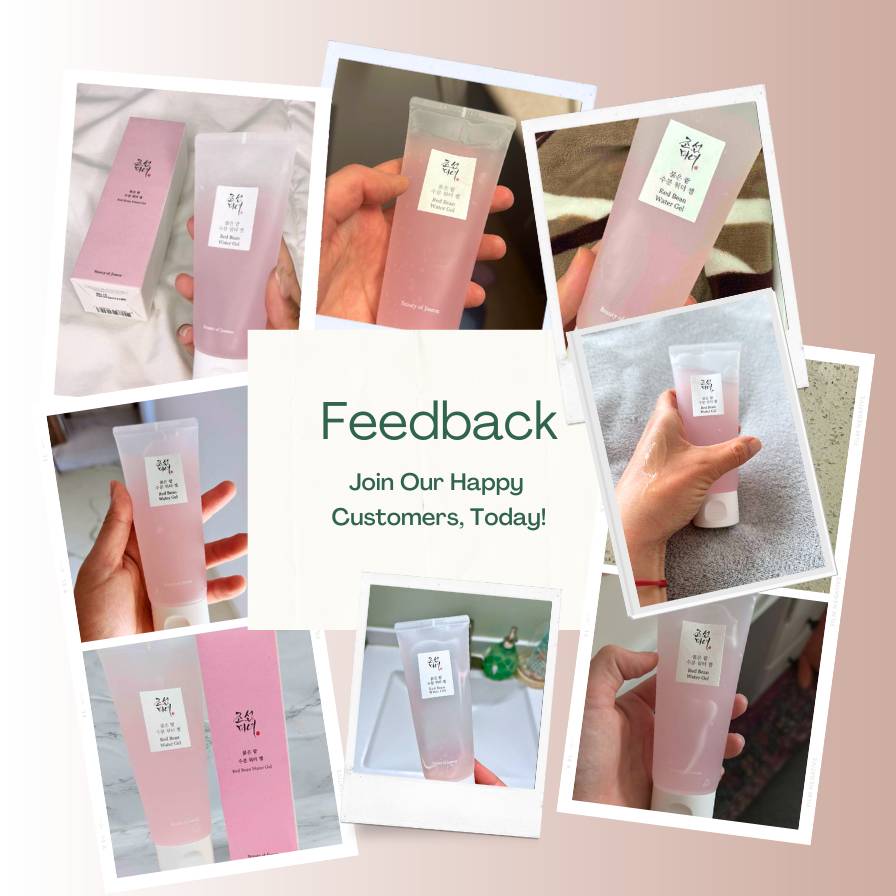 Collage of pink skincare products with text inviting feedback.