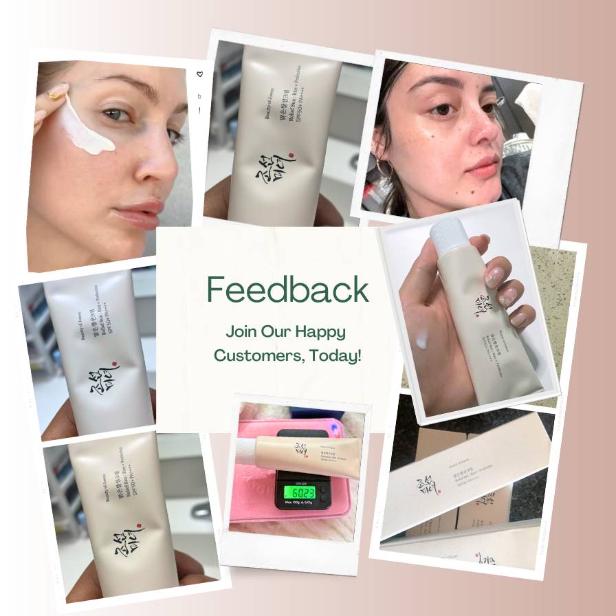 Collage of skincare products and users with a 'Feedback' call-to-action on a pink background.