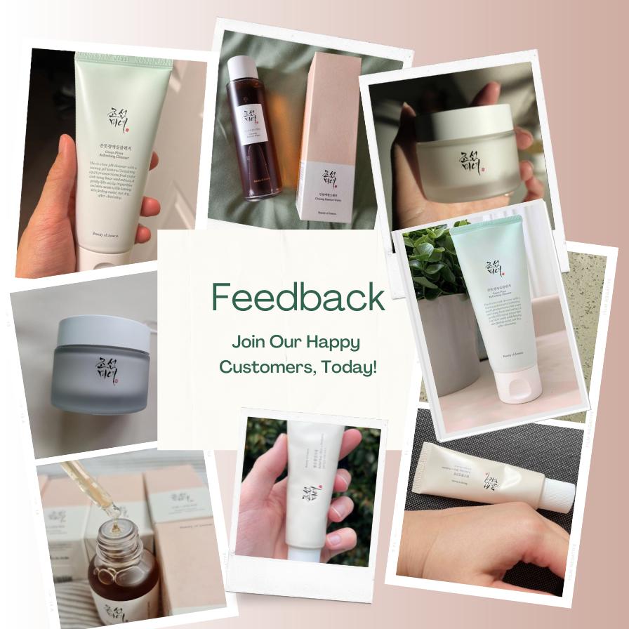 Collage of skincare products with text inviting feedback.