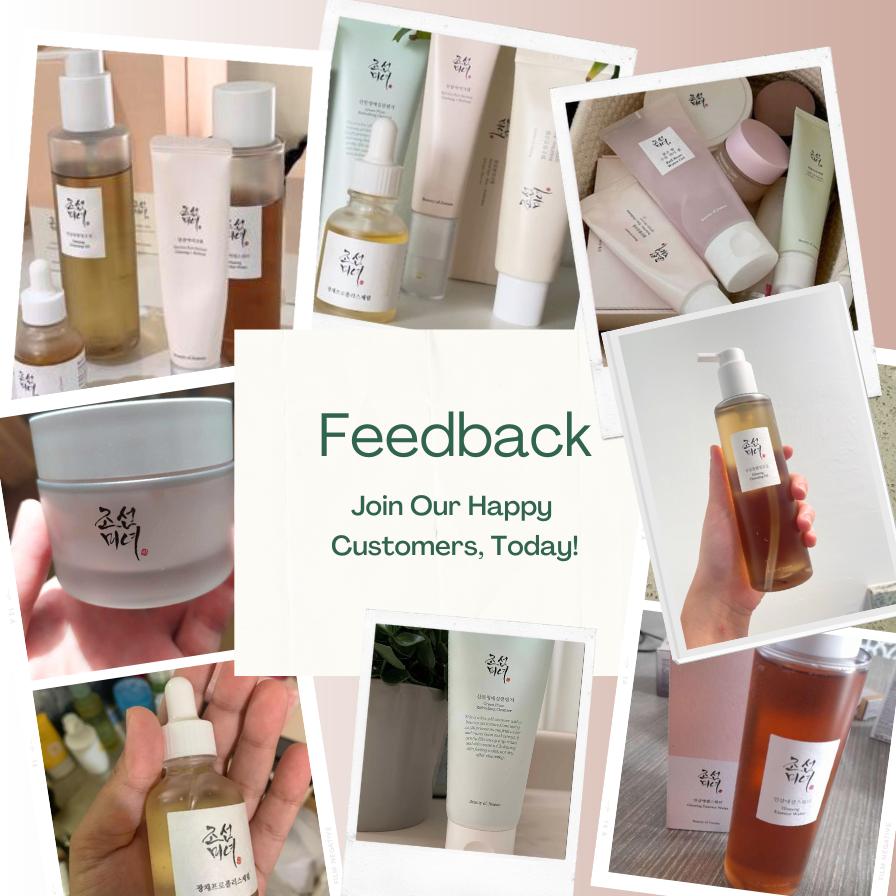 Collage of skincare products with text inviting feedback.