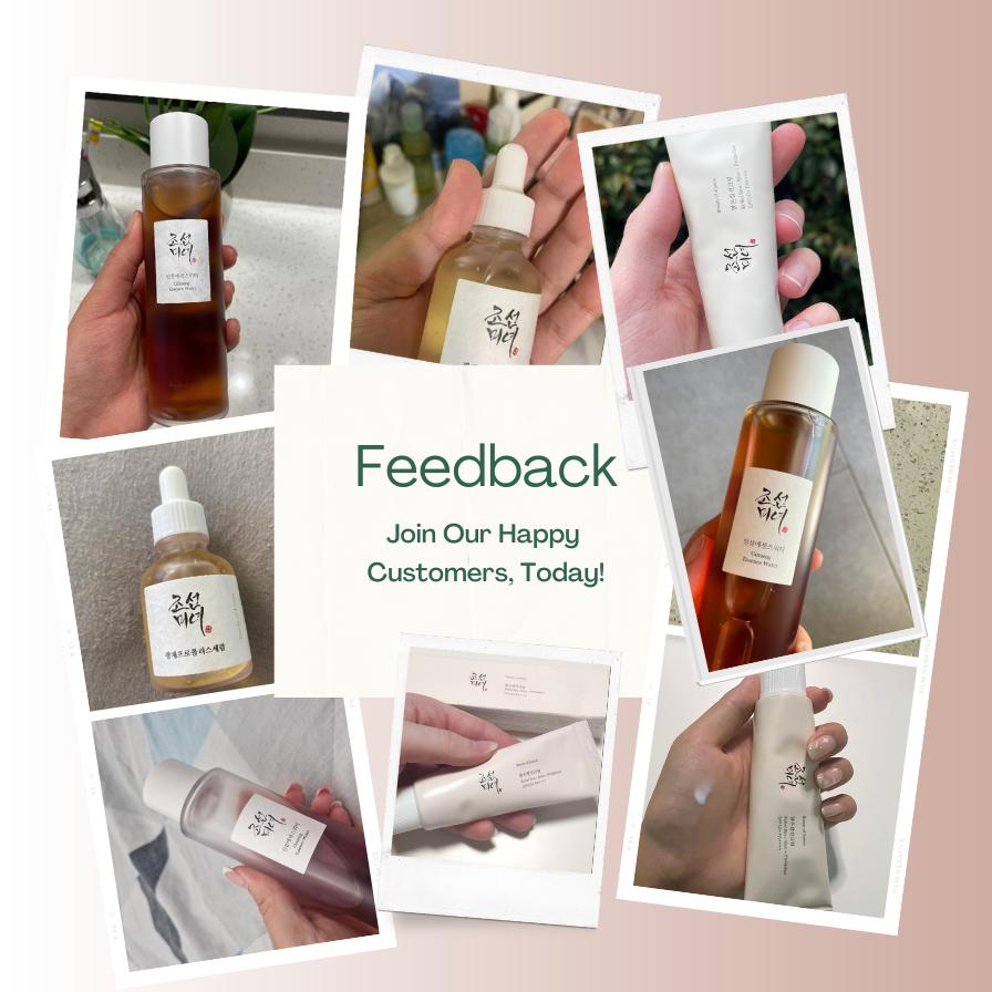 Collage of skincare products with text inviting feedback.