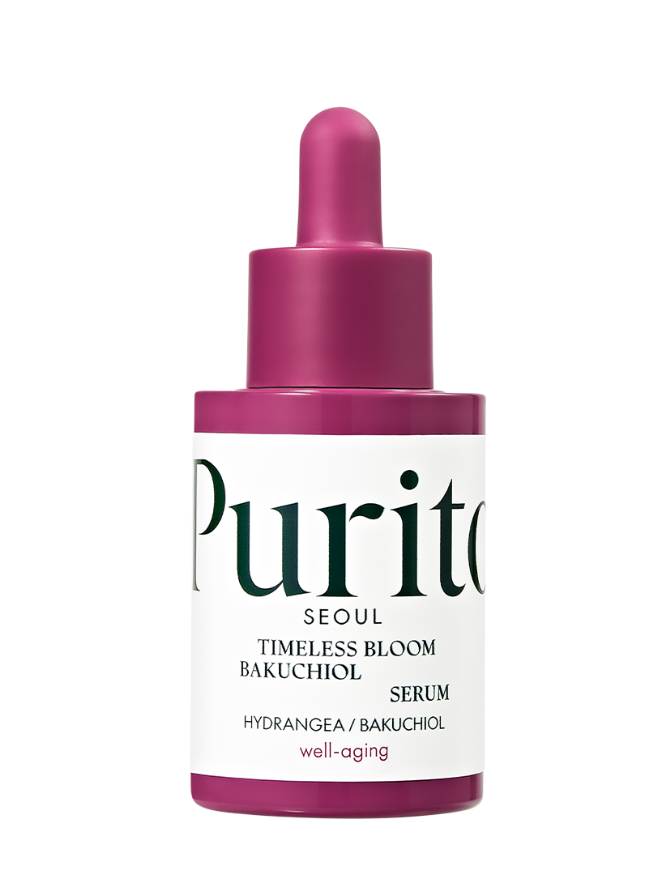 Purito skincare serum bottle with pink cap on a white background